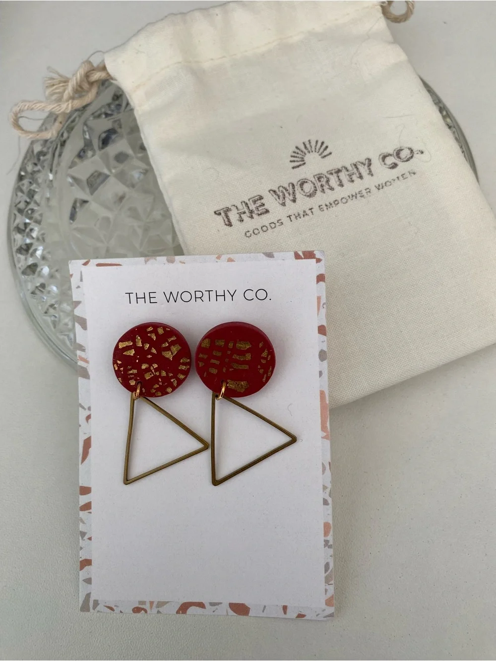 Red Gold Triangle Drop Earrings